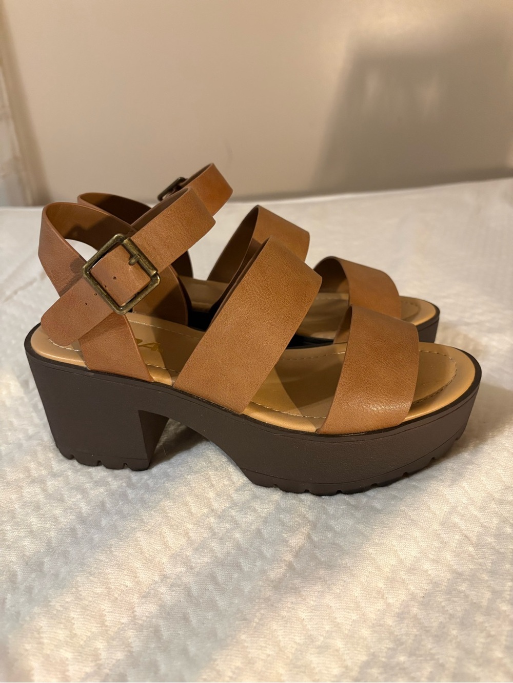 Soda Tan Strappy Platform Block Heel Sandals